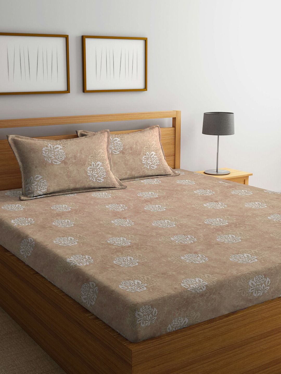KLOTTHE Beige Floral Cotton 400 TC King Superfine Bedsheet with 2 Pillow Covers-98 x 89 inches
