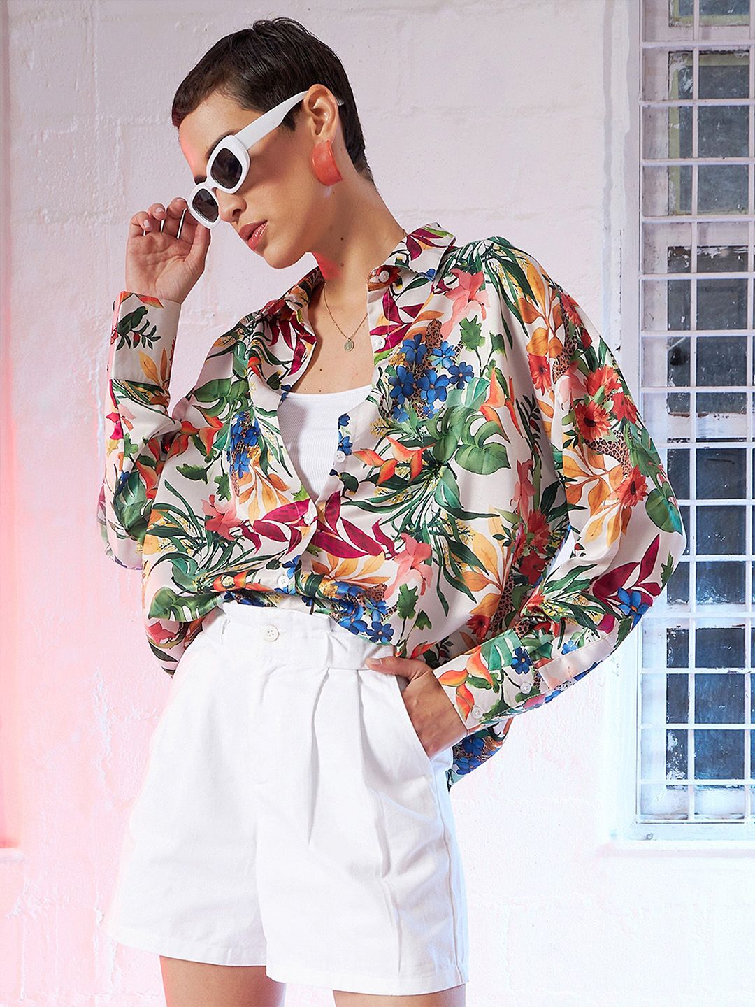 SASSAFRAS Beige Comfort Oversized Floral Printed Satin Casual Shirt