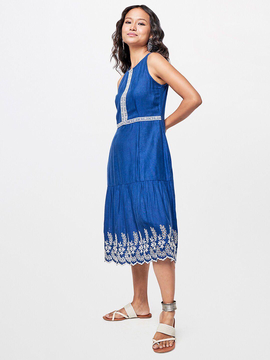 Global Desi Embroidered Round Neck A-Line Midi Dress