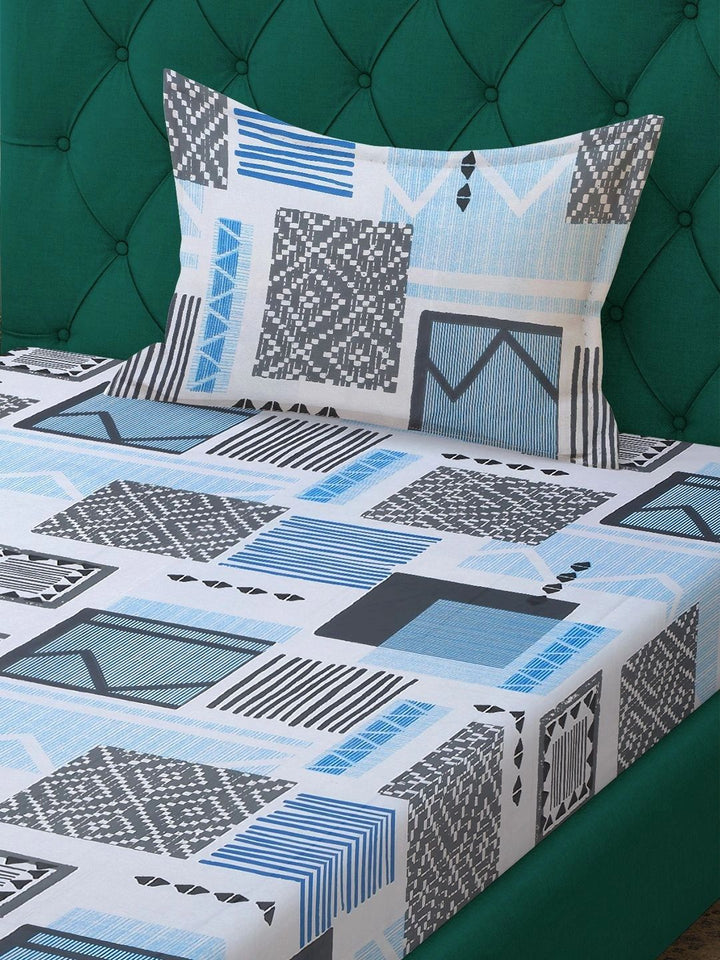 Moda Rapido X KLOTTHE Blue & Black Geometric 400 TC Single Bedsheet with 1 Pillow Covers