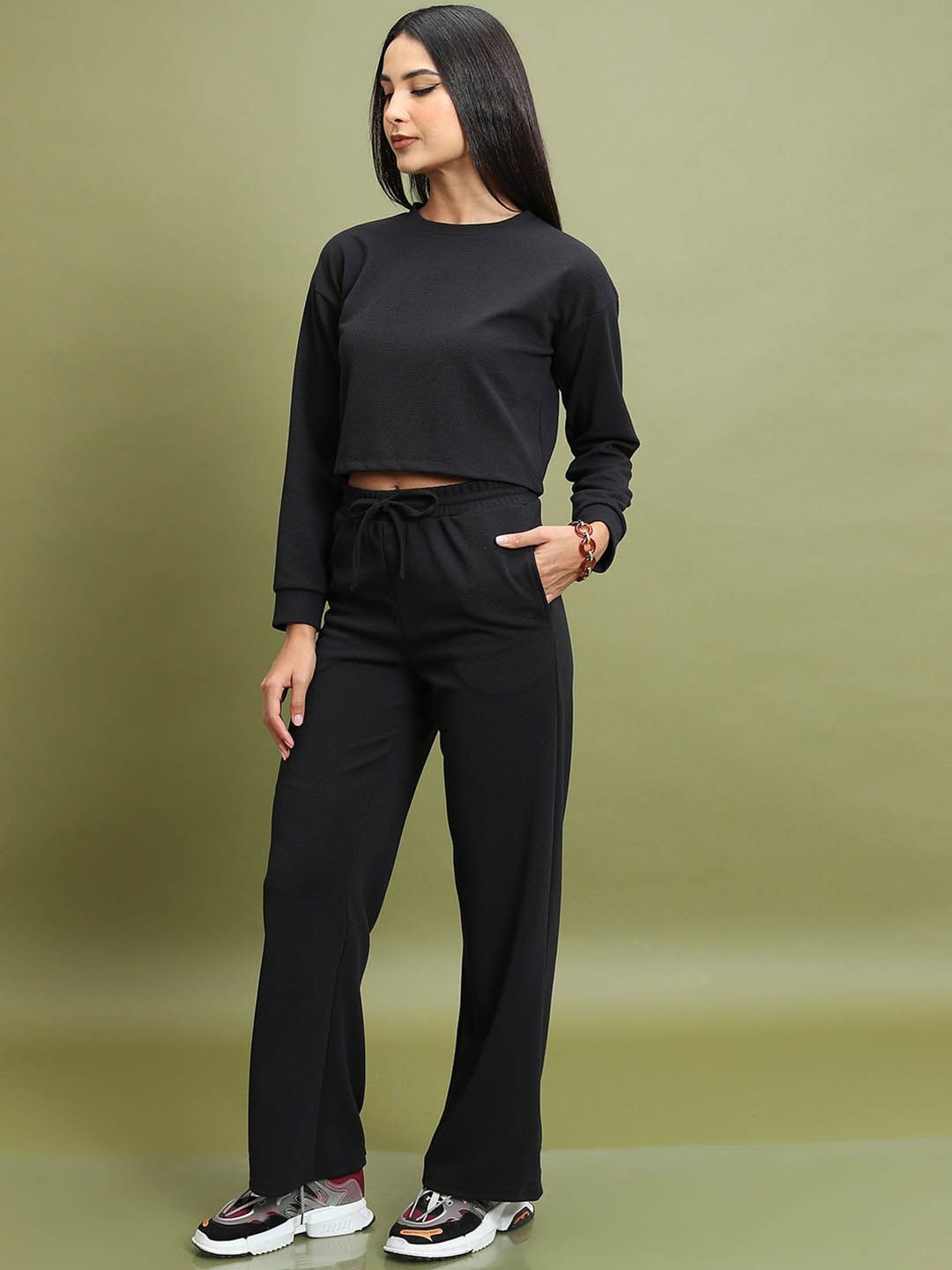 Tokyo Talkies Black Round Neck Crop Top &amp; Seluar
