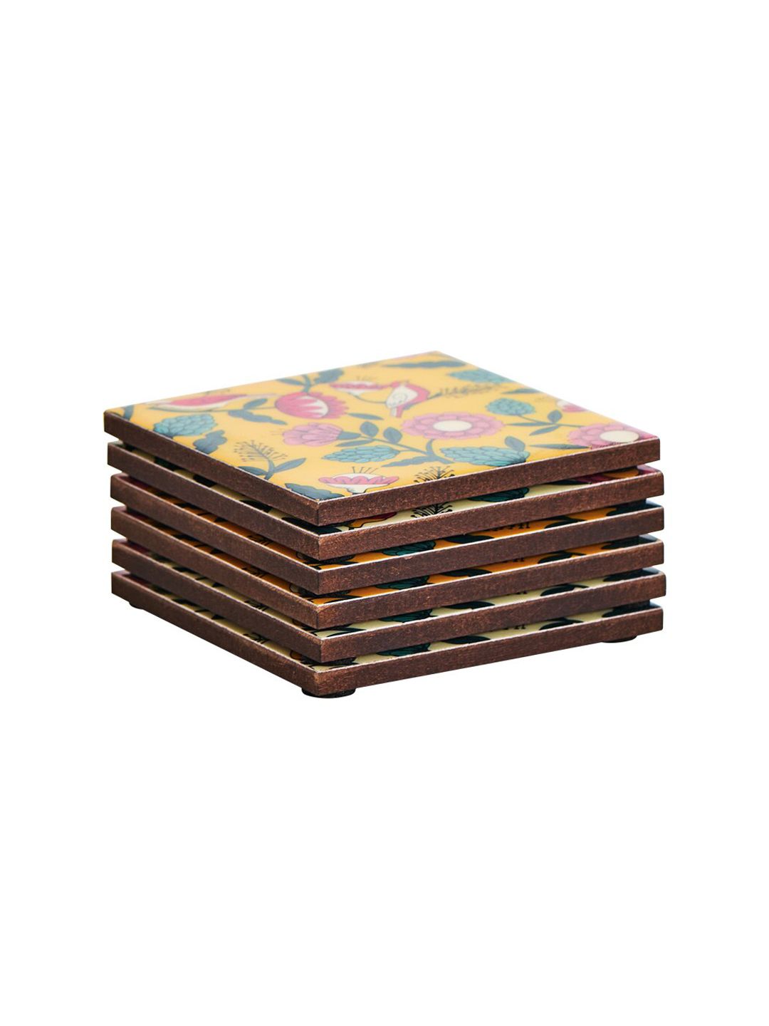 Chumbak Set of 6 Yellow & Pink Printed Coasters