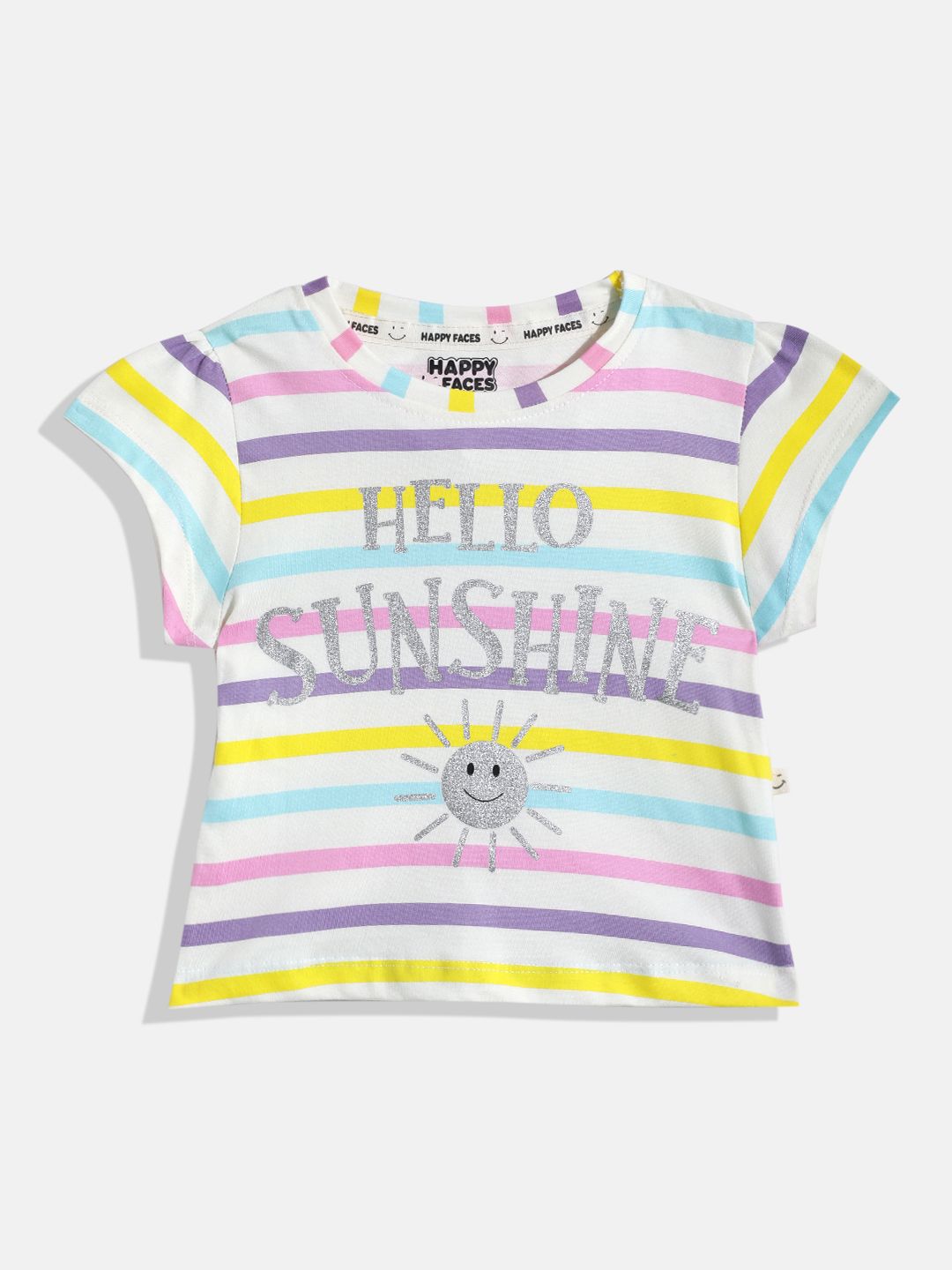 Happy Faces Girls Striped & Typography Printed Pure Cotton T-shirt