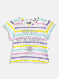 Happy Faces Girls Striped & Typography Printed Pure Cotton T-shirt
