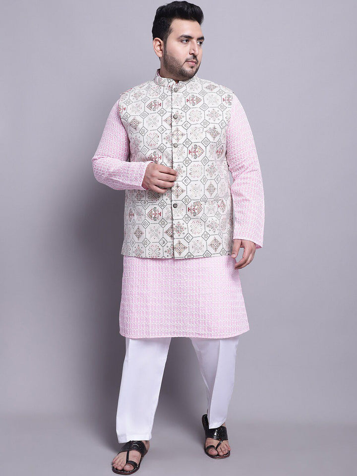SOJANYA PLUS Etnik Sulam Kurta Kapas Tulen Lurus & Piyama Dengan Jaket Nehru