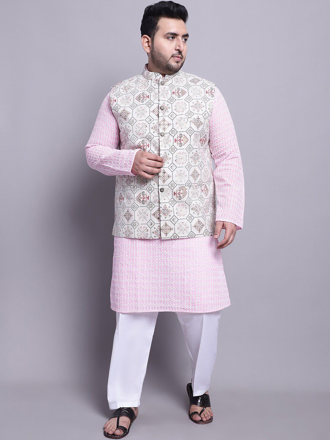 SOJANYA PLUS Etnik Sulam Kurta Kapas Tulen Lurus & Piyama Dengan Jaket Nehru