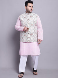 SOJANYA PLUS Etnik Sulam Kurta Kapas Tulen Lurus & Piyama Dengan Jaket Nehru