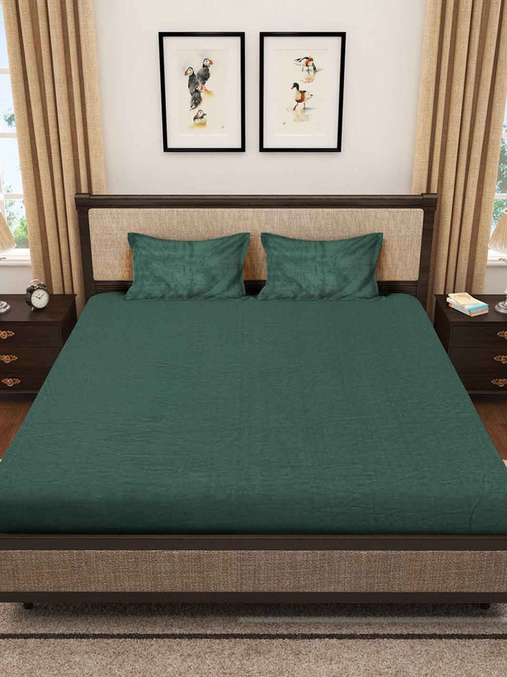 Myntra Elegant Homes Green Wool 300 TC Fitted King Bedsheet & 2 Pillow Covers-225X150 cm