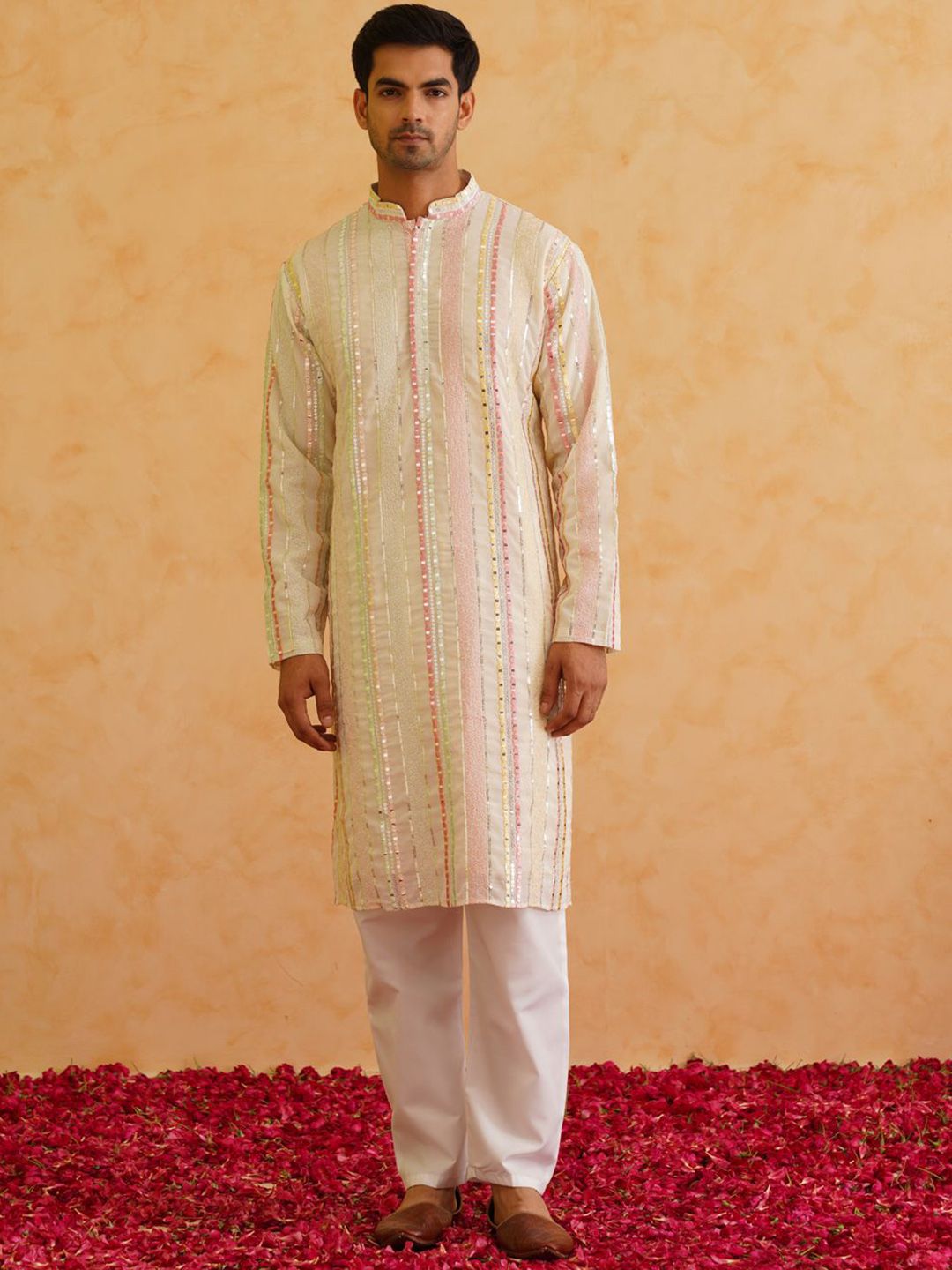 SOJANYA LUXE Striped Embroidered Mandarin Collar Mirror Work Kurta with Pyjamas