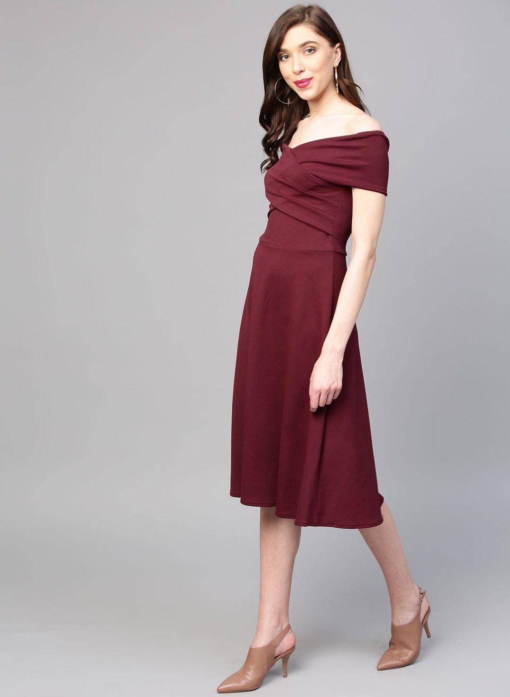 Burgundy Solid Off-Shoulder Fit & Flare Dress