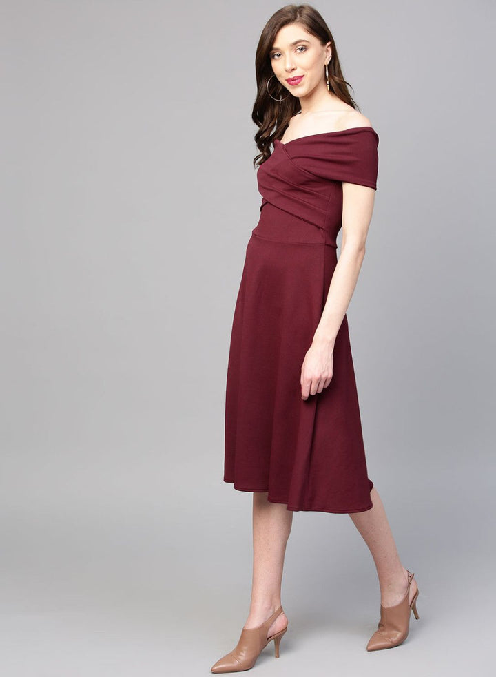 Burgundy Solid Off-Shoulder Fit & Flare Dress