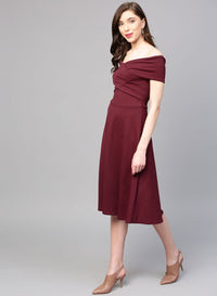 Burgundy Solid Off-Shoulder Fit & Flare Dress