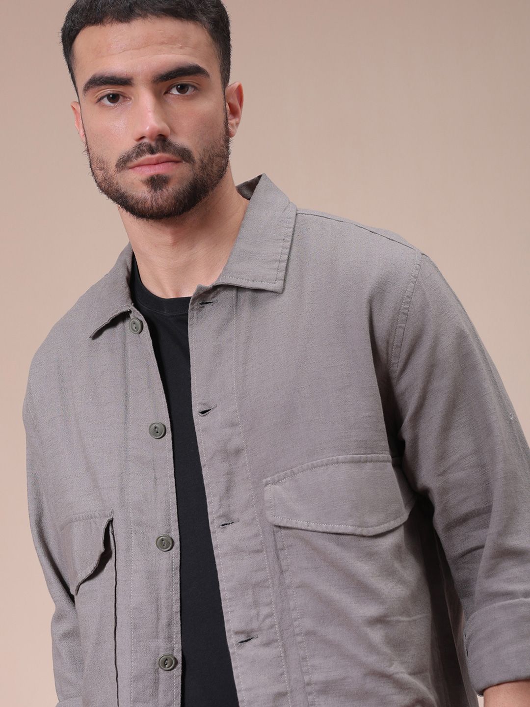 The Indian Garage Co Men Regular Fit Solid Double Flap Pocket Resortwear Overshirt
