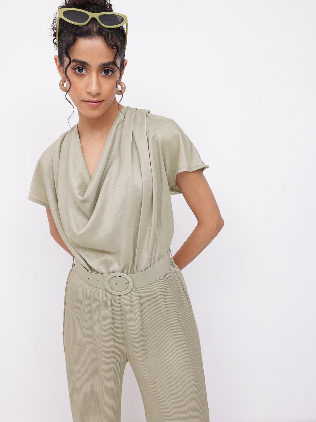 DressBerry Greyish Cowl Neck Draped Basic Jumpsuit With Belt