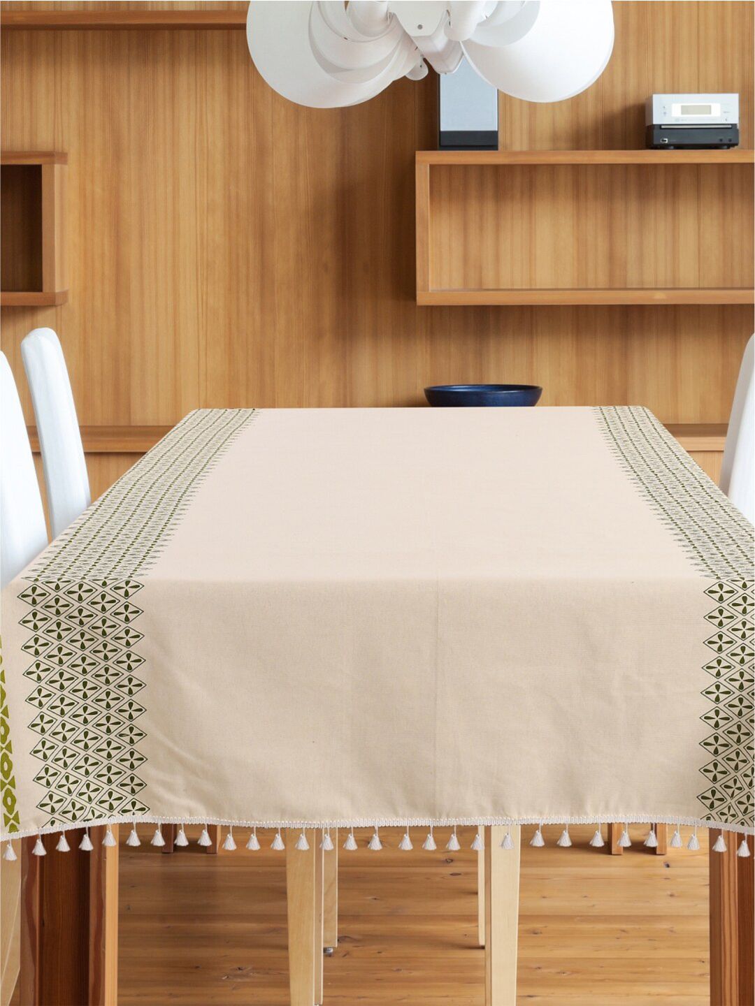 URBAN SPACE Cream-Colored Geometric Printed Pure Cotton 6-Seater Table Cover