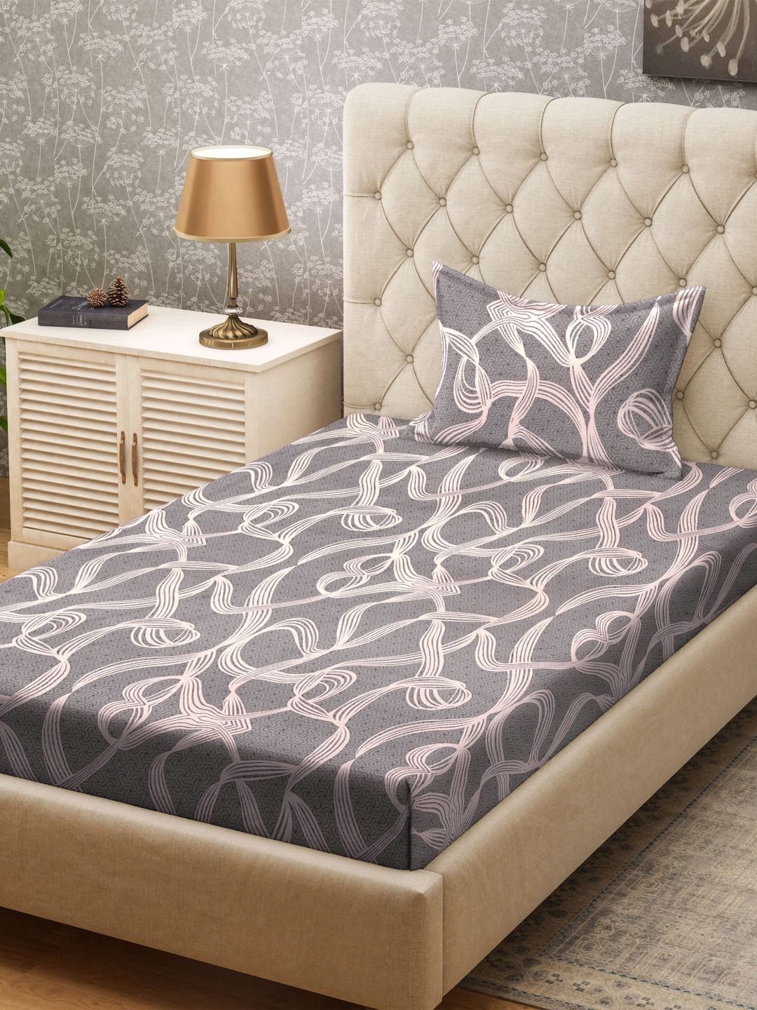 KLOTTHE Grey & White Abstract Printed 300TC Single Bedsheet & Pillow Cover