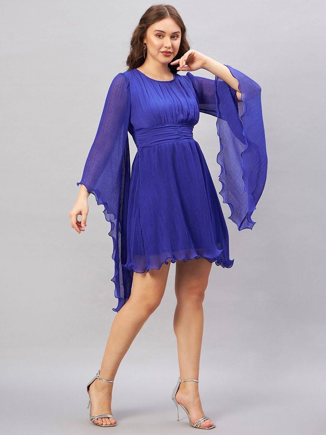 Antheaa Blue Long Flared Sleeve Smocked Accordion Pleated Fit & Flare Dress