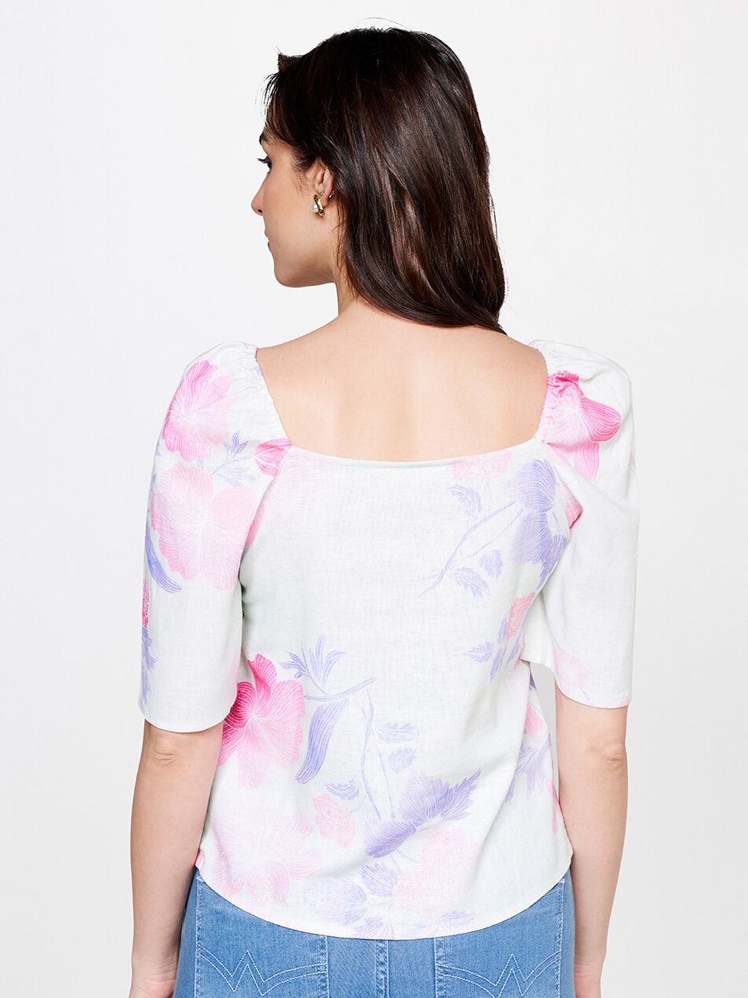 AND Floral Printed Puff Sleeves Linen Top
