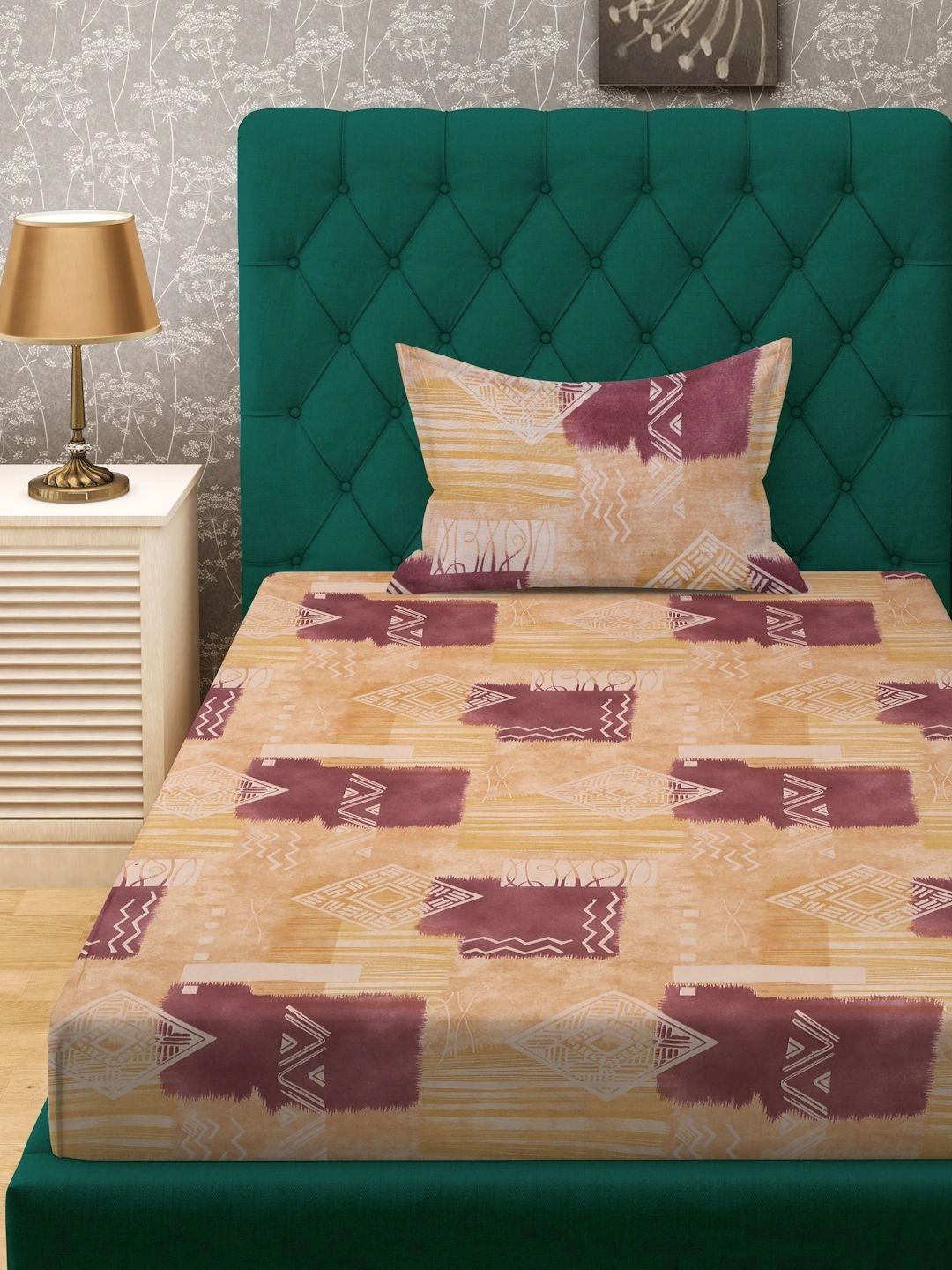Moda Rapido X KLOTTHE Beige & Warna Peach Geometrik 400 TC Cadar Tempat Tidur Single dengan 1 Sarung Bantal