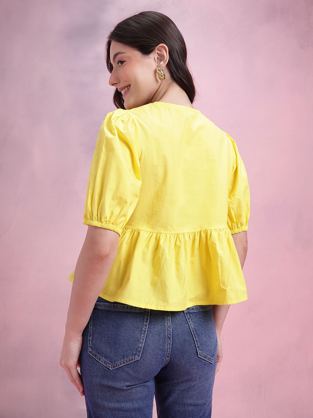 DressBerry Tie-Up Neck Puff Sleeve Pure Cotton A-Line Top