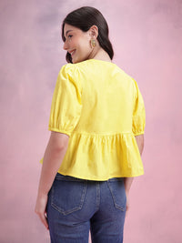 DressBerry Tie-Up Neck Puff Sleeve Pure Cotton A-Line Top