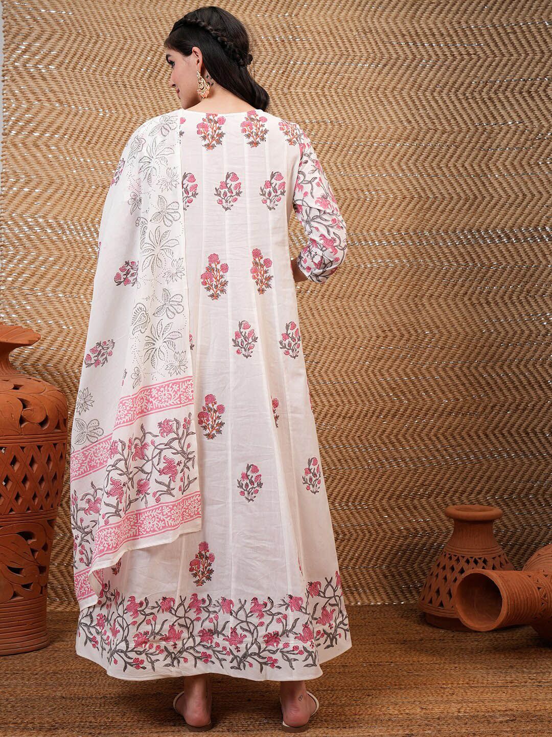 Vishudh White & Pink Floral Printed Pure Cotton Anarkali Kurta With Trouser & Dupatta