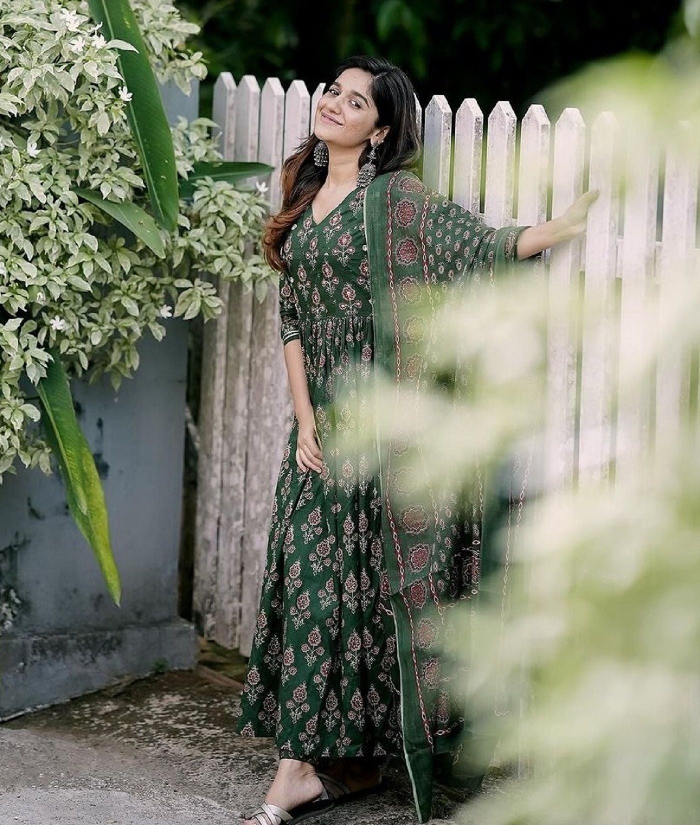 KALINI Floral Printed Anarkali Kurta with Trousers & With Dupatta