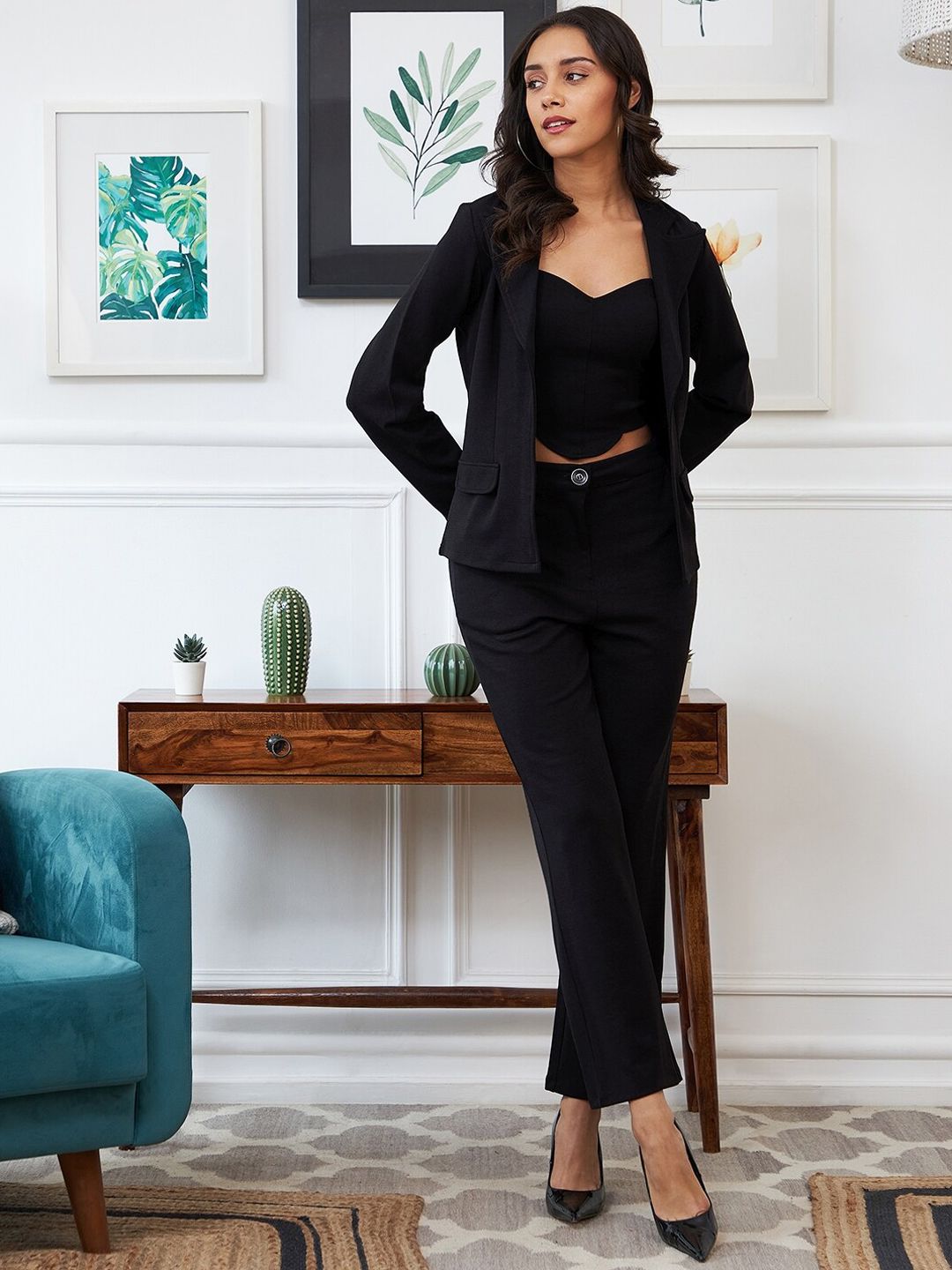 Athena Women Black Solid Top & Jacket With Trouser Co-Ords