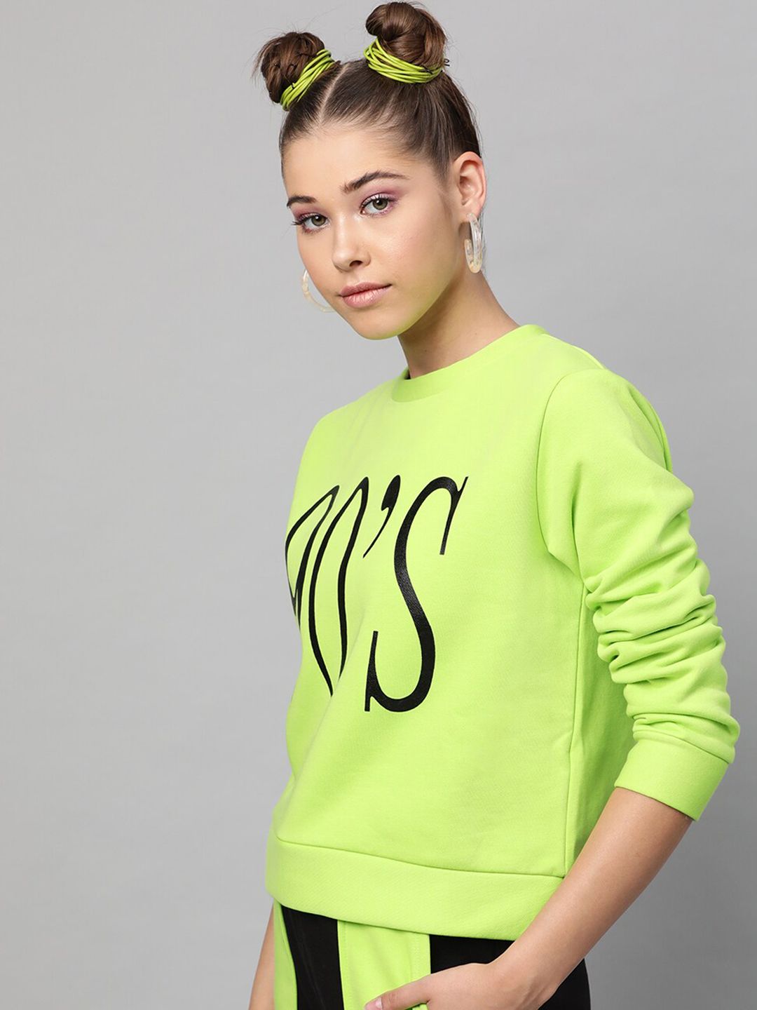 STREET 9 Women Fluorescent Green & Black Printed Sweatshirt