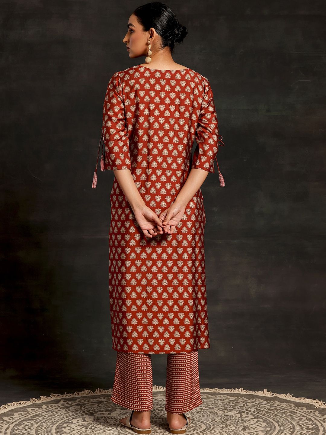 Libas Floral Printed Tie-Up Neck Three-Quarter Sleeves Sequinned Kurta with Trousers