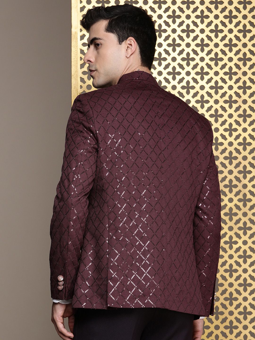 House of Pataudi Jashn Mandarin Collar Textured Sequinned Bandhgala Blazer