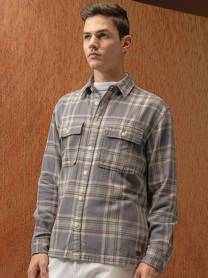 Locomotive Premium Men Grey Oversized Dobby Textured Checked Utility Pocket Overshirt