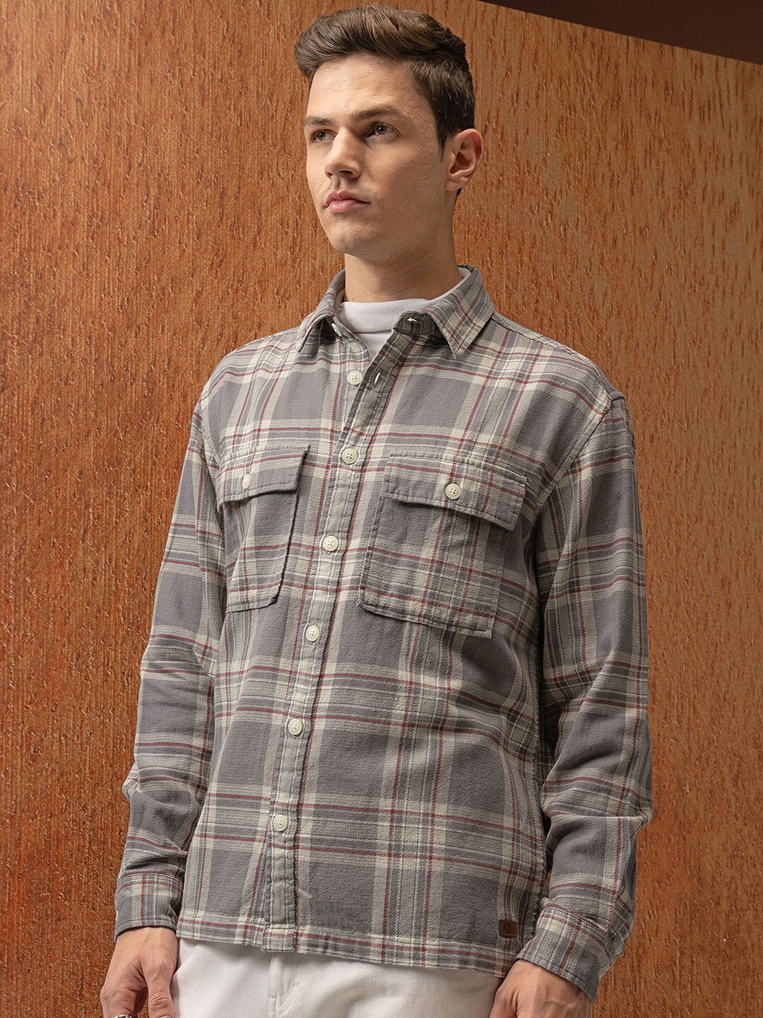 Locomotive Premium Men Grey Oversized Dobby Textured Checked Utility Pocket Overshirt