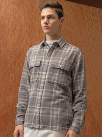 Locomotive Premium Men Grey Oversized Dobby Textured Checked Utility Pocket Overshirt
