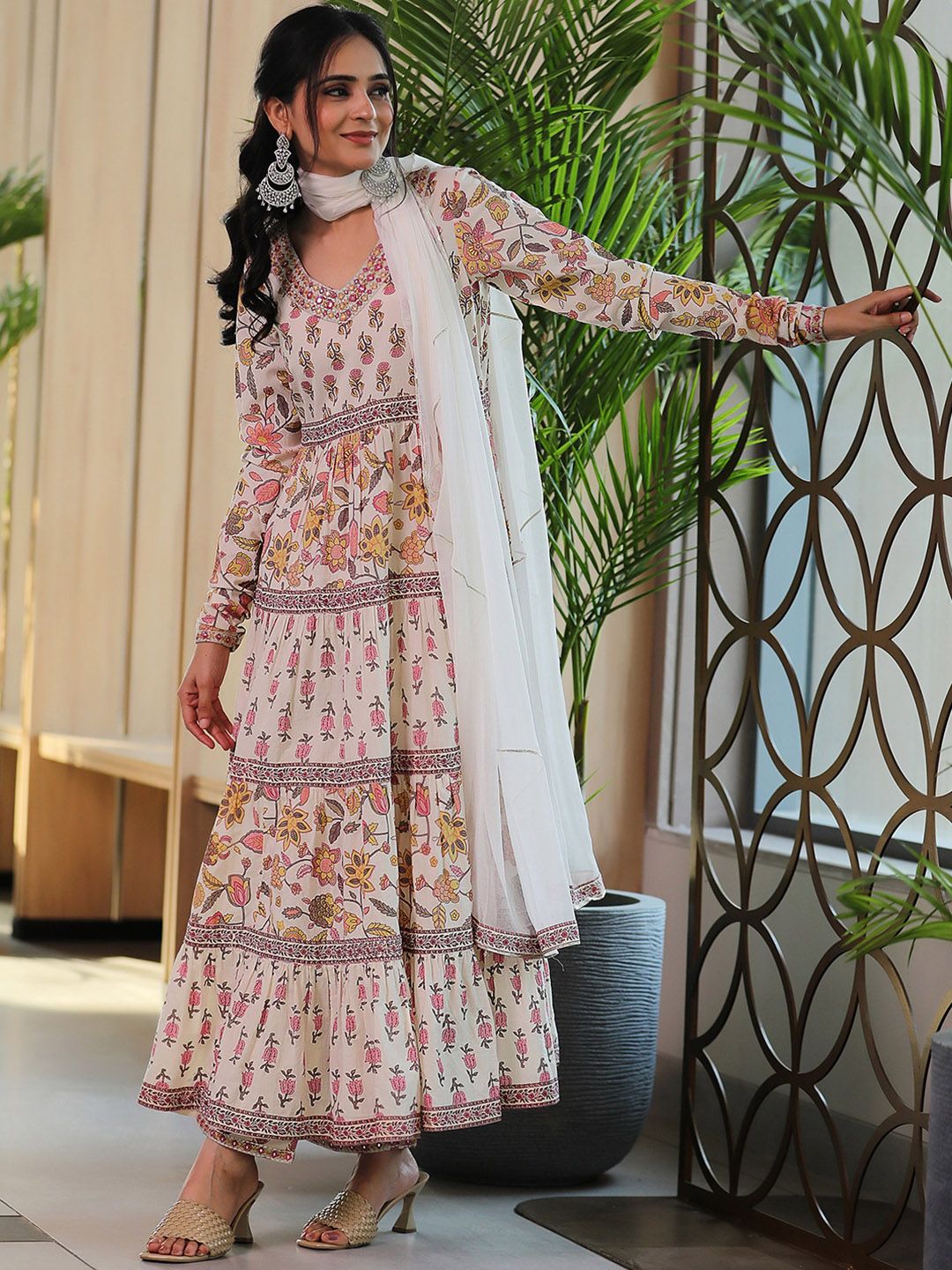 Libas Floral Printed Tiered Mirror Work Pure Cotton Kurta with Palazzos & With Dupatta