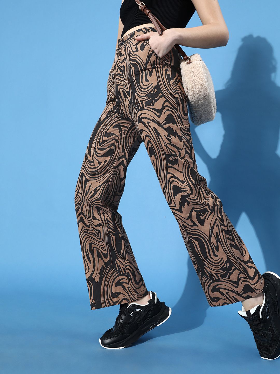 STREET 9 Women Deep Brown Printed Mid-Rise Trousers