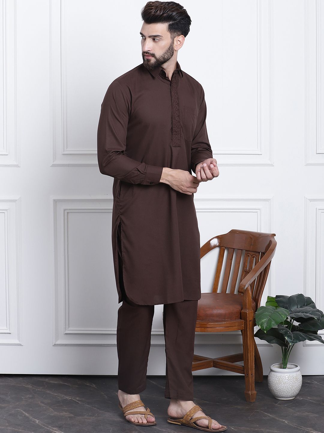 SOJANYA Shirt Collar Curved Hem Pathani Kurta with Salwar