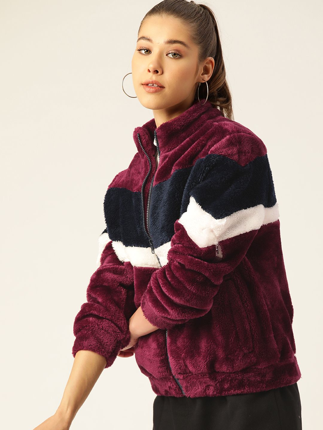 DressBerry Women Burgundy & Navy Blue Faux Fur Colourblocked Sherpa Jacket