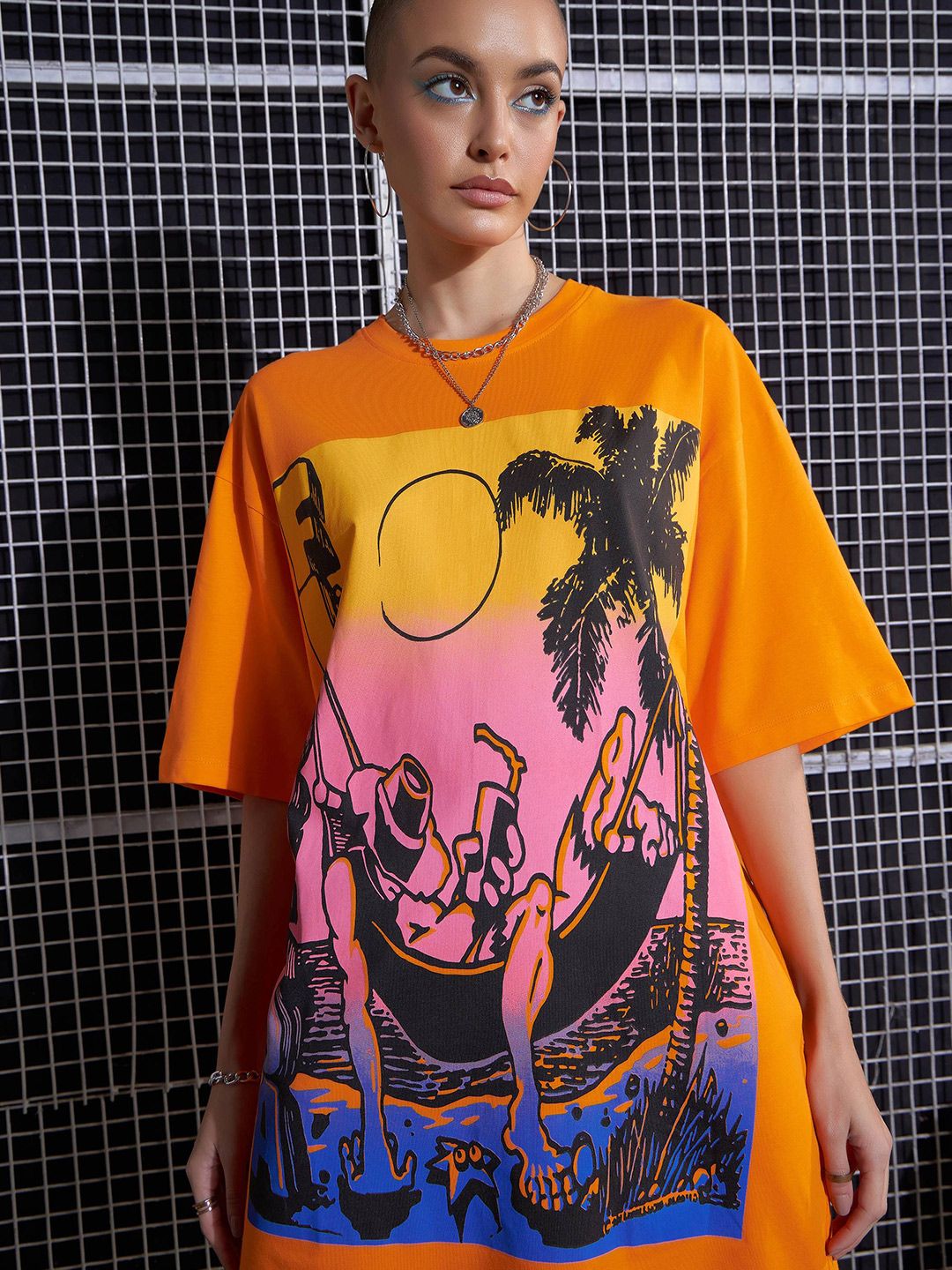 SASSAFRAS Orange Graphic Printed Drop Shoulder Pure Cotton Oversized T-Shirt Dress