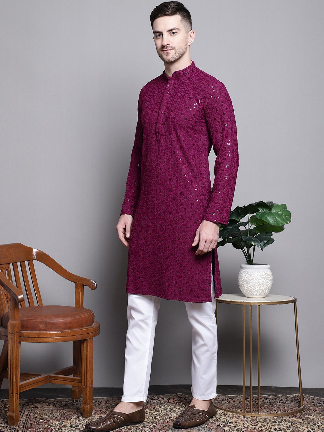 Jompers Geometric Self Design Sequinned Pure Cotton Straight Kurta With Pyjamas