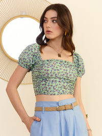 Berrylush Floral Print Square Neck Puff Sleeve Fitted Crop Top
