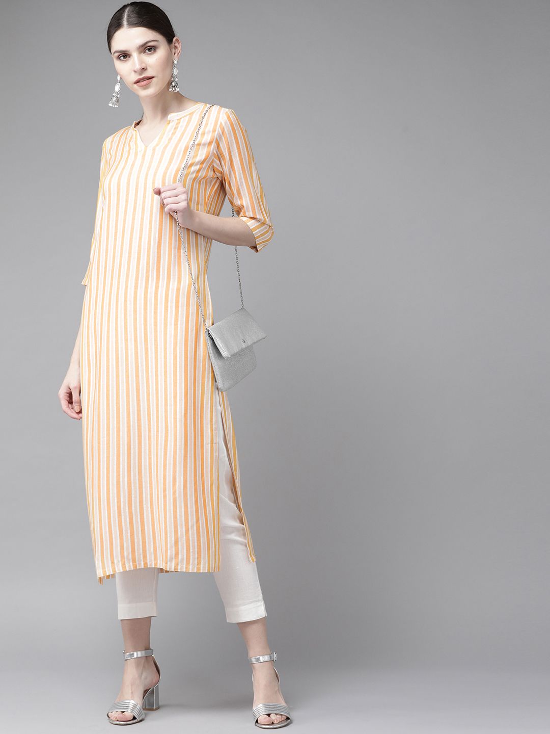 Libas Women Orange & White Striped Straight Kurta