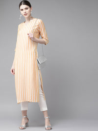Libas Women Orange & White Striped Straight Kurta