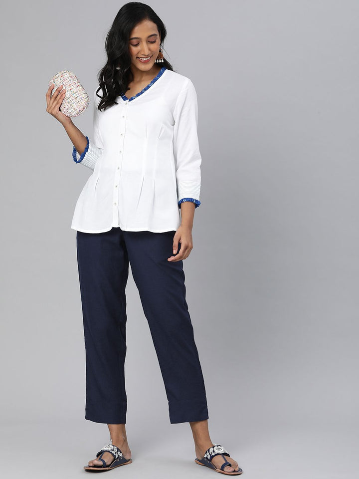 Global Desi Women Navy Blue Solid Straight Fit Trousers