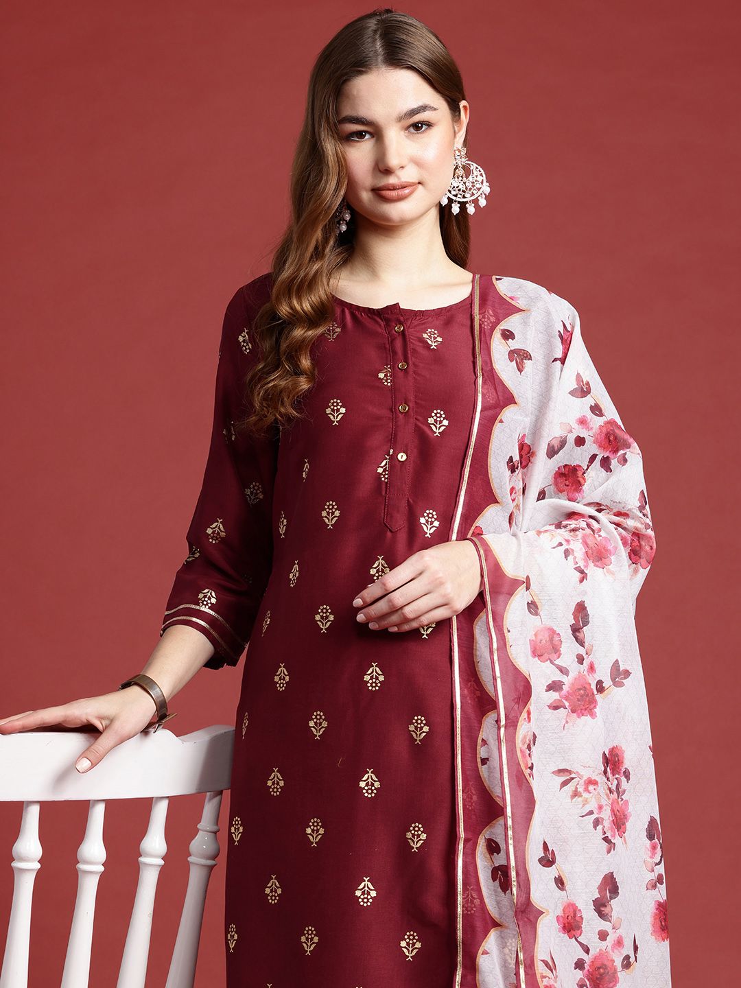 Anouk Gotta Patti Foil Print Regular Kurta with Palazzos & With Dupatta