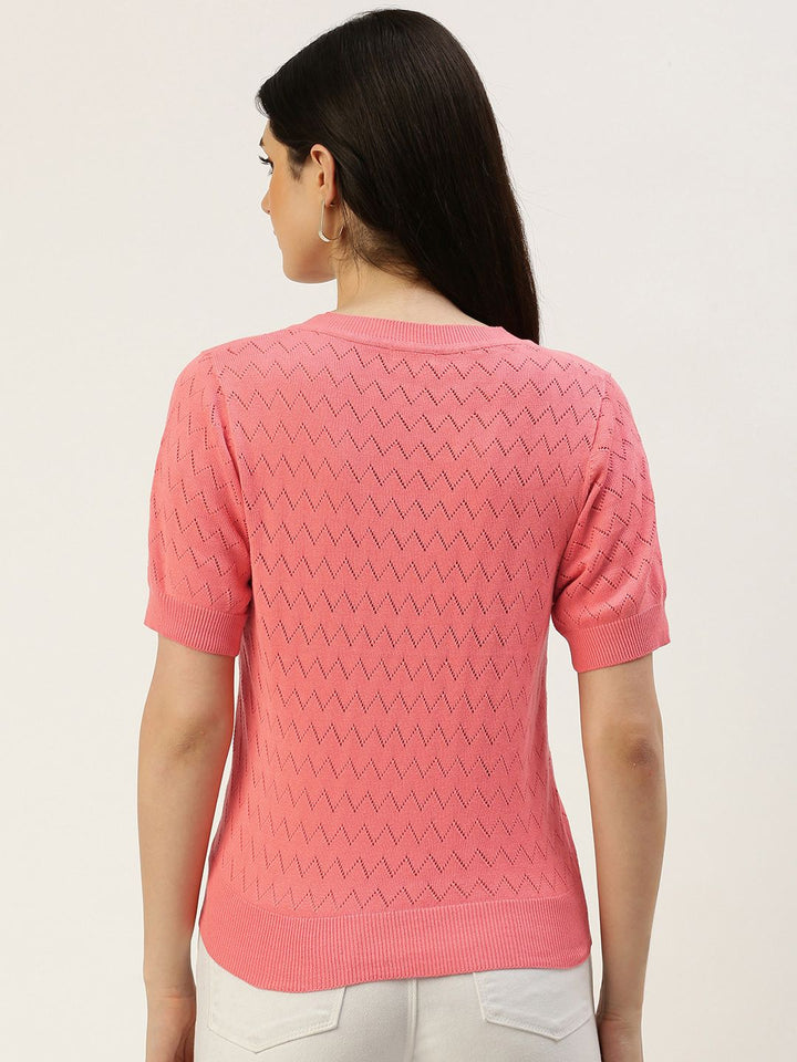 AND V-Neck Knitted Self Design Short Sleeves Top