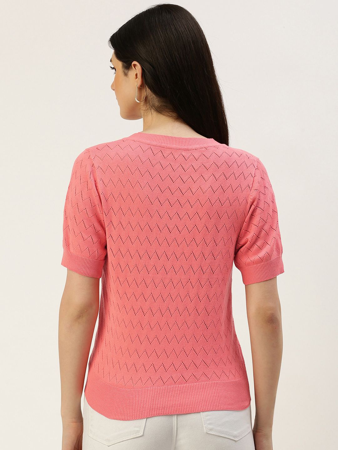 AND V-Neck Knitted Self Design Short Sleeves Top