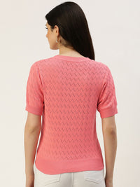 AND V-Neck Knitted Self Design Short Sleeves Top