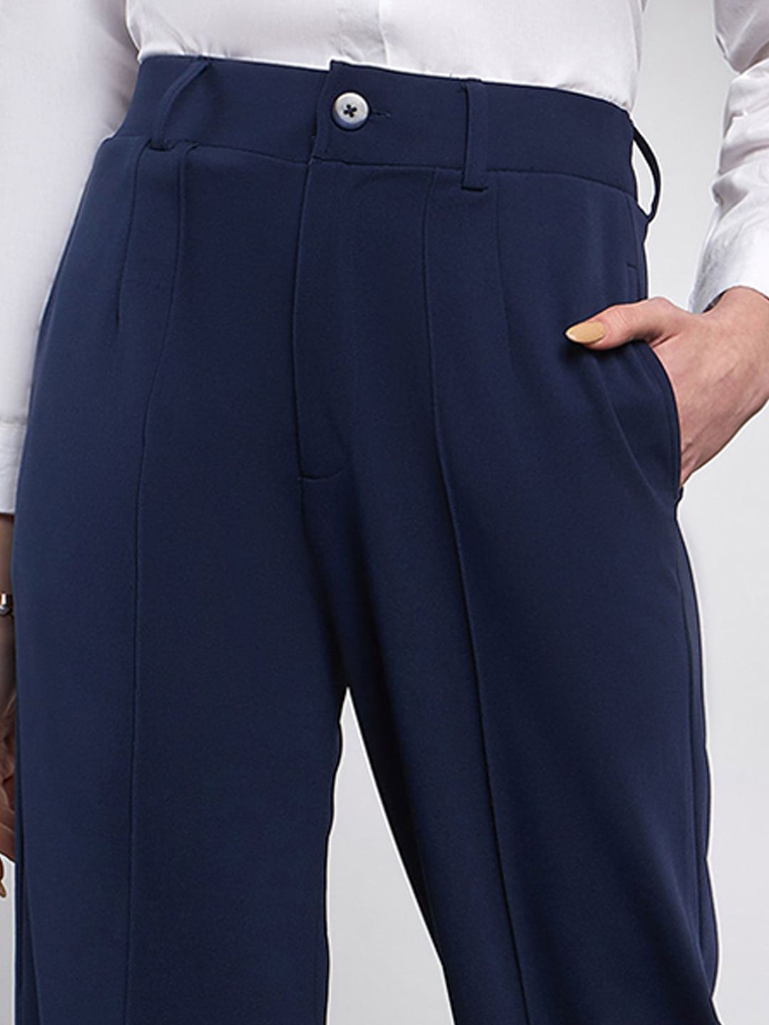 SASSAFRAS Women Navy Blue Straight Fit High-Rise Pleated Bootcut Trousers