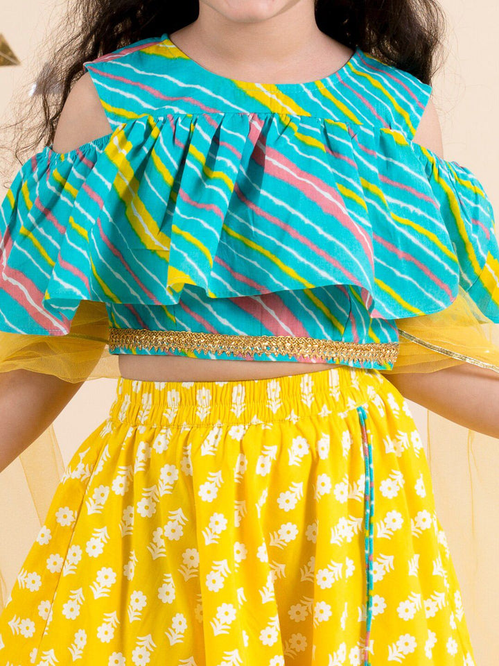 pspeaches Girls Yellow & Turquoise Blue Printed Ready to Wear Lehenga & Blouse With Dupatta